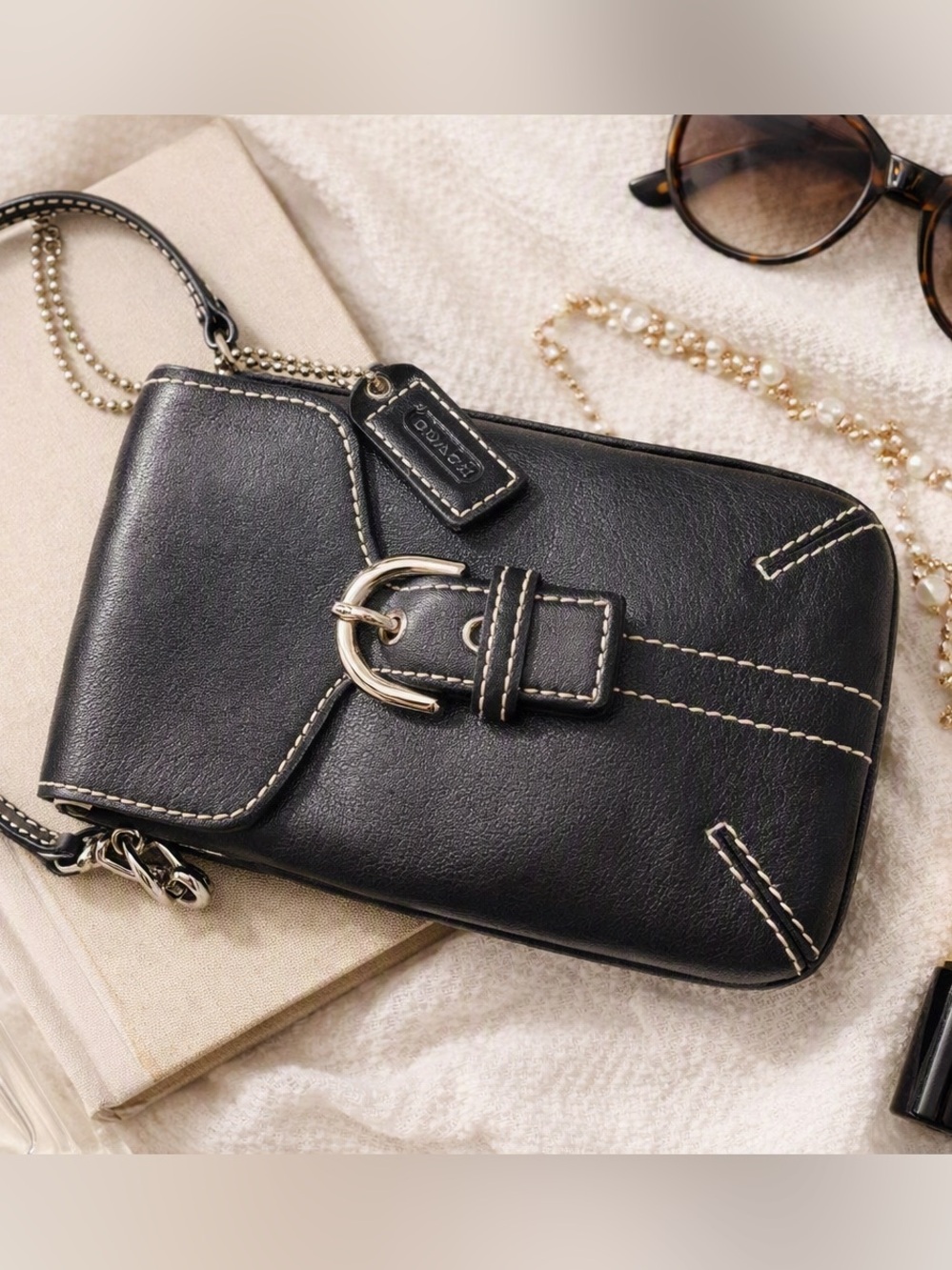 Coach Black Leather Buckle Wristlet